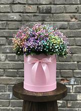Цветочная композиция из Гипсофила и Розы в шляпной коробке в Поселке совхоза Марфино
