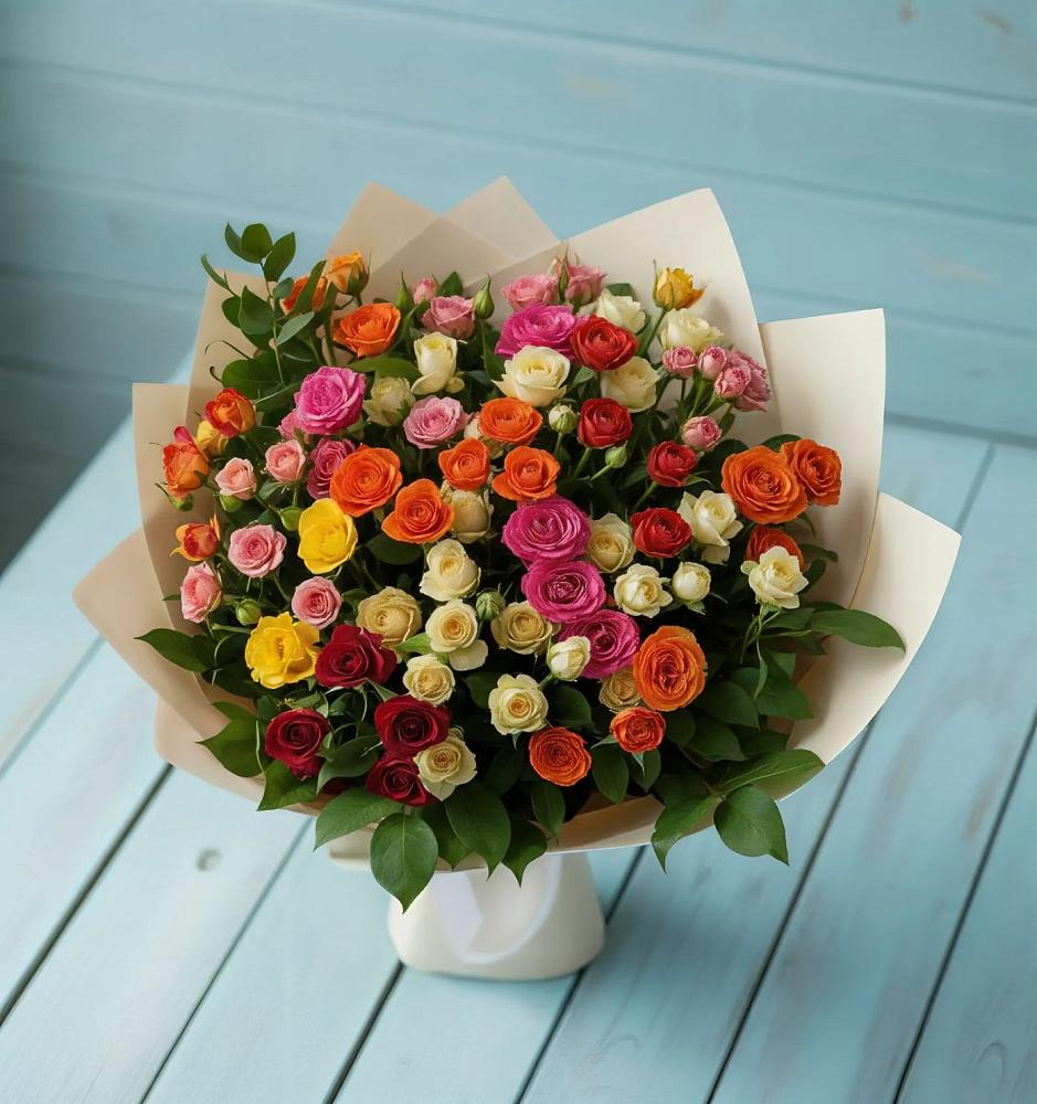 Букет Микс из разноцветных кустовых роз в Поселке совхоза Марфино